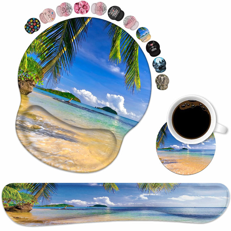 Keyboard Wrist Rest and Mouse Pad Wrist Support Set with Coasters, Non-Slip PU Base Ergonomic Gaming Mousepad for Home Office Working Studying Easy Typing & Pain Relief, Shore Palms Tropical Beach