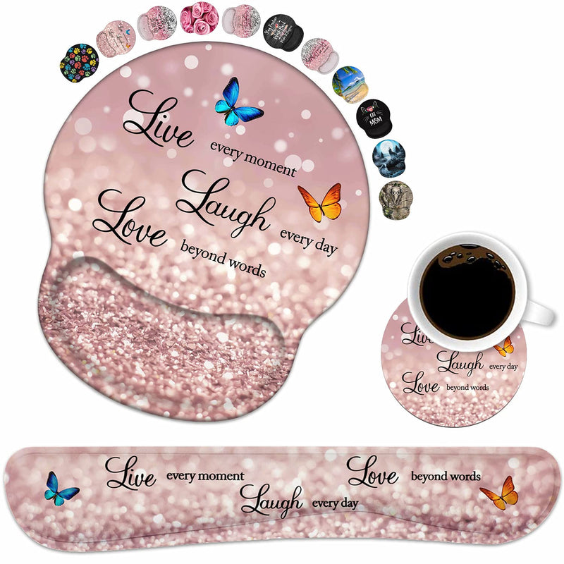 Keyboard Wrist Rest and Mouse Pad Wrist Support Set with Coasters, Non-Slip PU Base Ergonomic Gaming Mousepad for Home Office Working Studying Easy Typing & Pain Relief, Glitter Quote Live Laugh Love