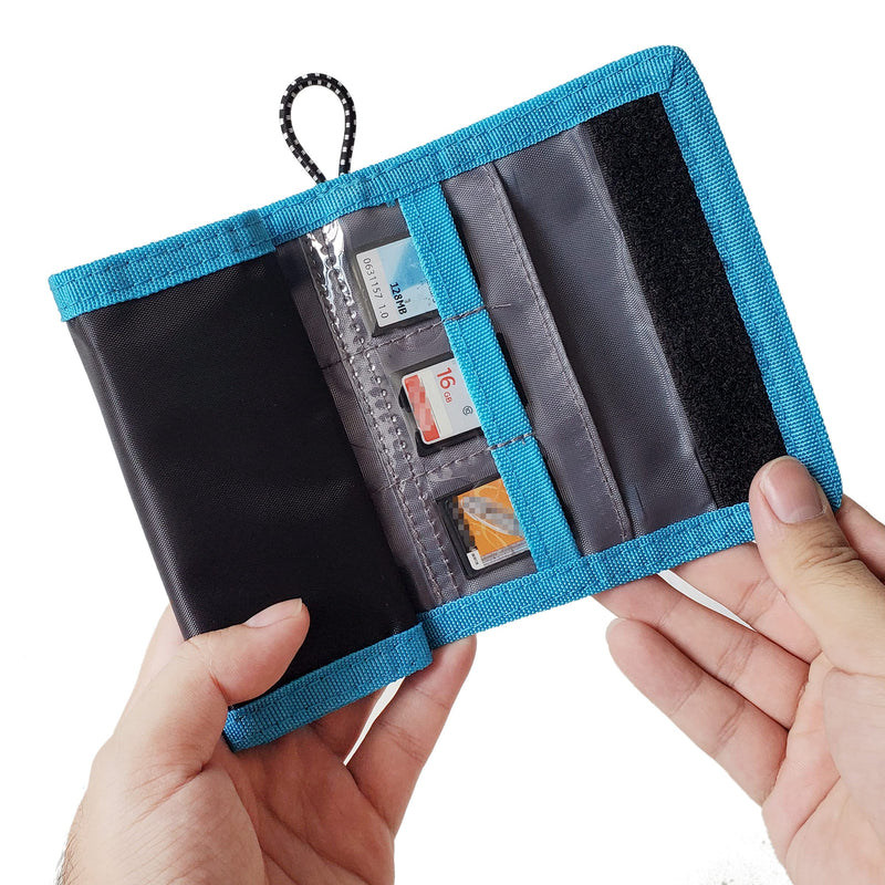 Memory Card Wallet - SD Card Storage - Slim and Foldable with Transparent Slots - Can Carry Up to 15 SD Cards - Straps with Tether Included - (Black/Blue) for SD Cards - Black & Blue