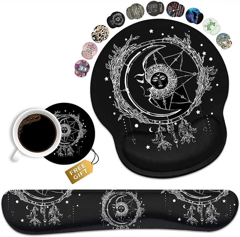 Keyboard Wrist Rest and Mouse Pad Wrist Support Set, Non-Slip PU Base, Easy Typing and Relieve Wrist Pain, Perfect for Home Office Working Studying, Celestial Theme Sun with Crescent Moon