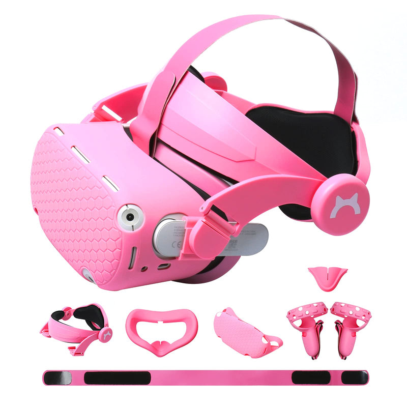 VR Adjustable Head Strap for Oculus Quest 2 Skins Cute Accessories with Silicone Touch Controller Grip Cover,Barbie Pink 6 in1 VR Shell Protector Cover & VR Face Cover Replacement Set Pink 2