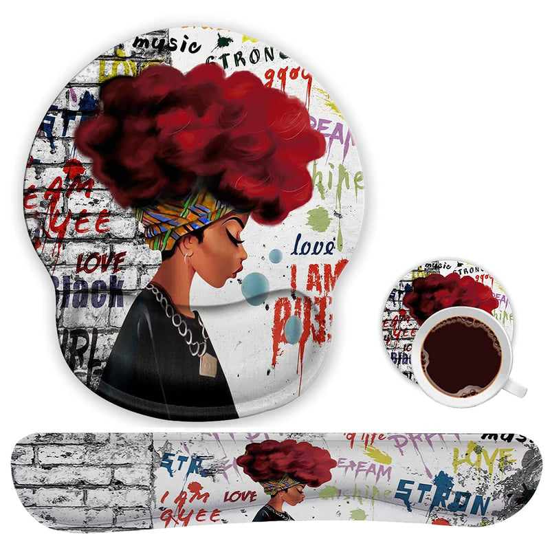 Ergonomic Mouse Pad Wrist Support Gel and Keyboard Wrist Rest Set for Laptop, Mac, Gaming and Office, Durable, Comfortable and Pain Relief + Coaster, African Black Woman Graffiti Girls
