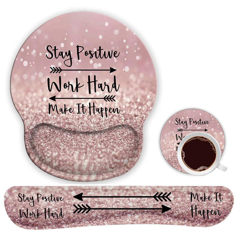 Ergonomic Mouse Pad Wrist Support Gel and Keyboard Wrist Rest Set for Laptop , Gaming and Office, Durable, Comfortable and Pain Relief + Coaster,Stay Positive Work Hard and Make It Happen Pink Glitter