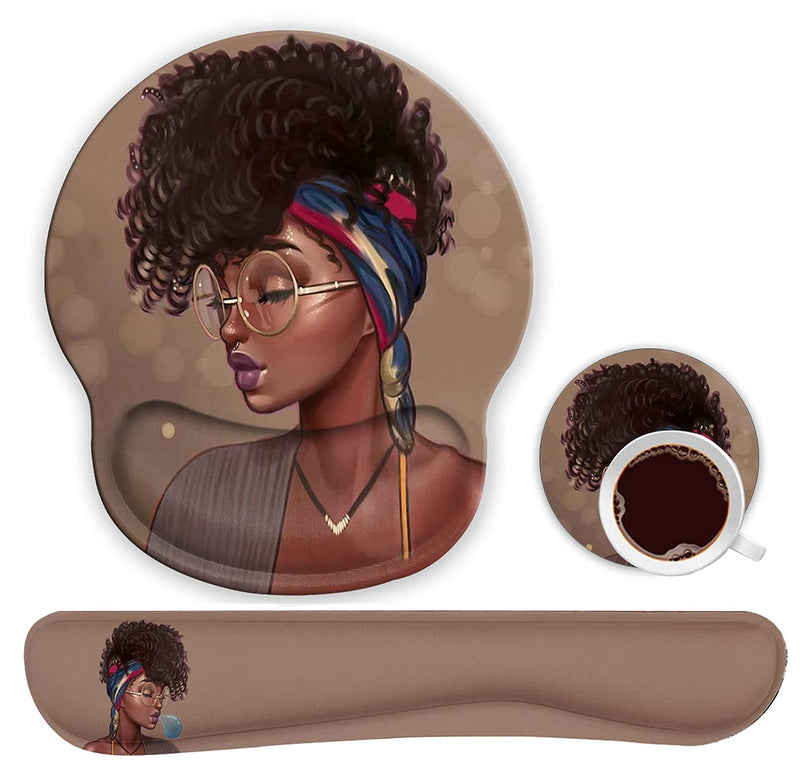 Ergonomic Mouse Pad Wrist Support Gel and Keyboard Wrist Rest Set for Laptop, Mac, Gaming and Office, Durable, Comfortable and Pain Relief + Coaster , African American Women Girl