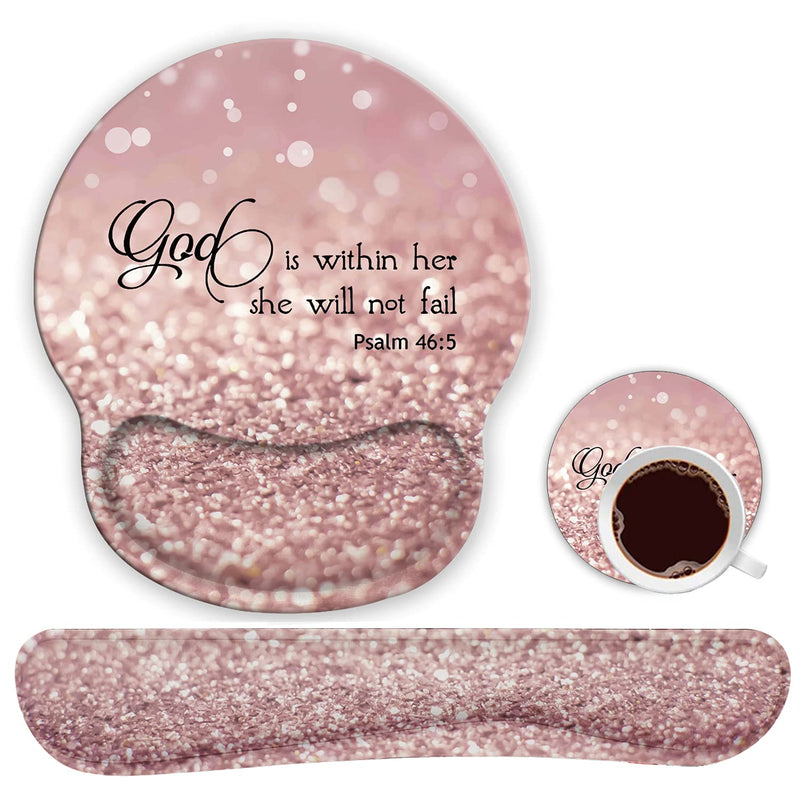 Ergonomic Mouse Pad Wrist Support Gel and Keyboard Wrist Rest Set for Laptop, Mac, Gaming and Office, Durable, Comfortable and Pain Relief + Coaster , Psalm 46:5 God is Within Her,She Will Not Fall