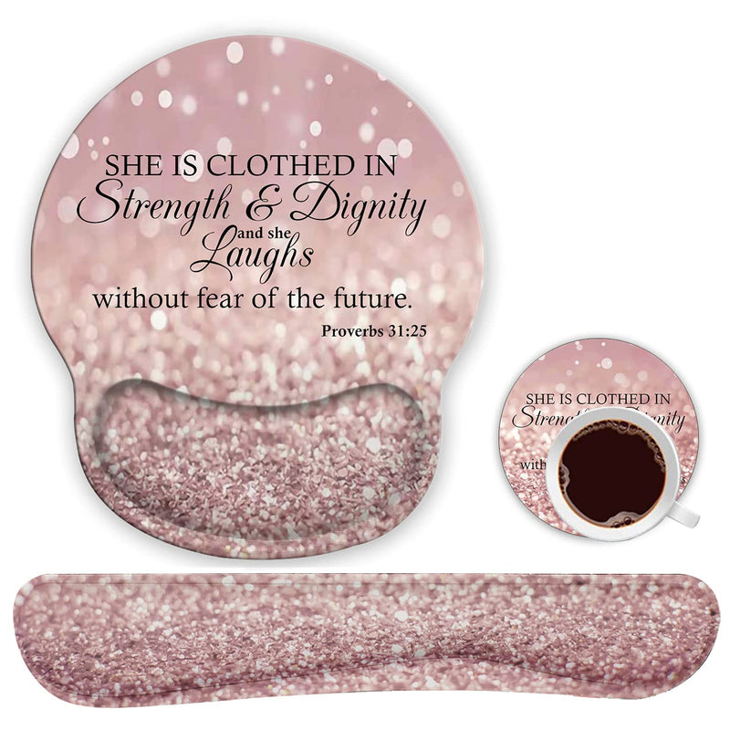 Ergonomic Mouse Pad Wrist Support Gel and Keyboard Wrist Rest Set for Laptop, Mac, Gaming and Office, Durable, Comfortable and Pain Relief + Coaster, Proverbs 31:25,Bible Verse Pink Glitter