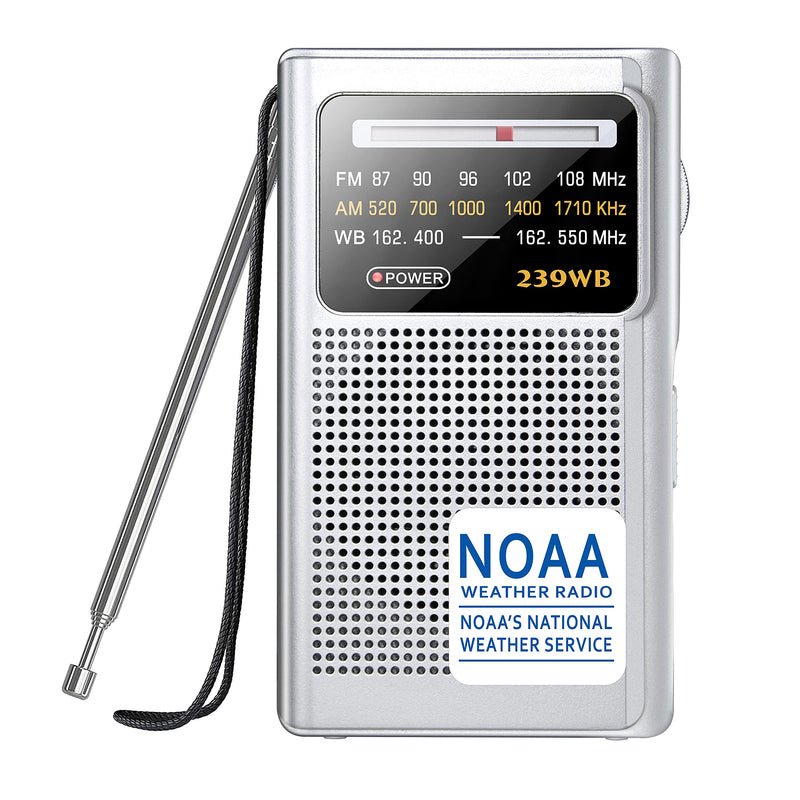 Greadio NOAA Weather Radio, AM/FM Battery Operated Transistor Portable Radio with Best Reception,Stereo Earphone Jack,Powered by 2 AA Battery for Emergency,Hurricane,Running, Walking,Home (Silver) Silver