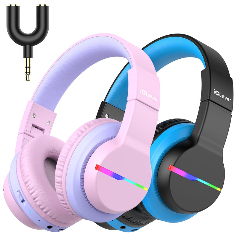 iClever BTH12 Kids Bluetooth Headphones 85H Playtime with LED Lights Travel | SafeSound Tech, Stereo Sound, USB C Charging AUX Cable Over Ear Built-in Mic, Kids Wireless Headphones for Toddler Boys Girls Pink&Black