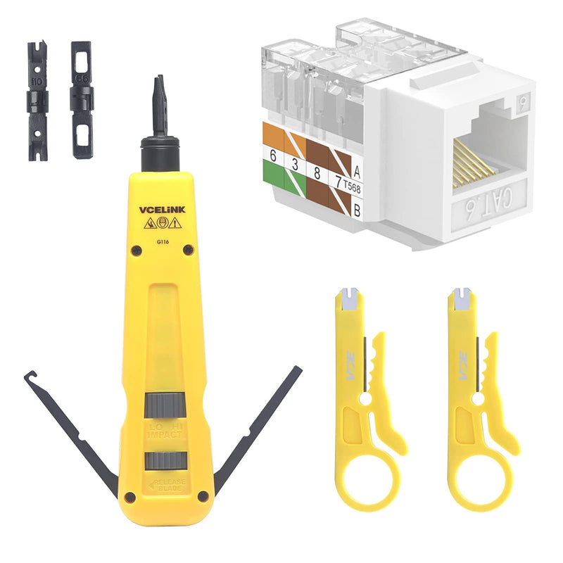 VCELINK 50-Pack RJ45 Cat6 Keystone Jack White Bundle with 1-Pack Punch Down Tool with 110 and 66 Blades and 2-Pack Mini Wire Stripper Cutter