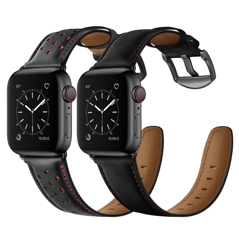 Bundle Leather Band Compatible with Apple 44mm 42mm Mens Vintage Black Leather Strap Red Dot XL Dressy Bands with Black Buckle Adapters for iWatch 6 5 4 3 2 1 SE, 44 42mm Band