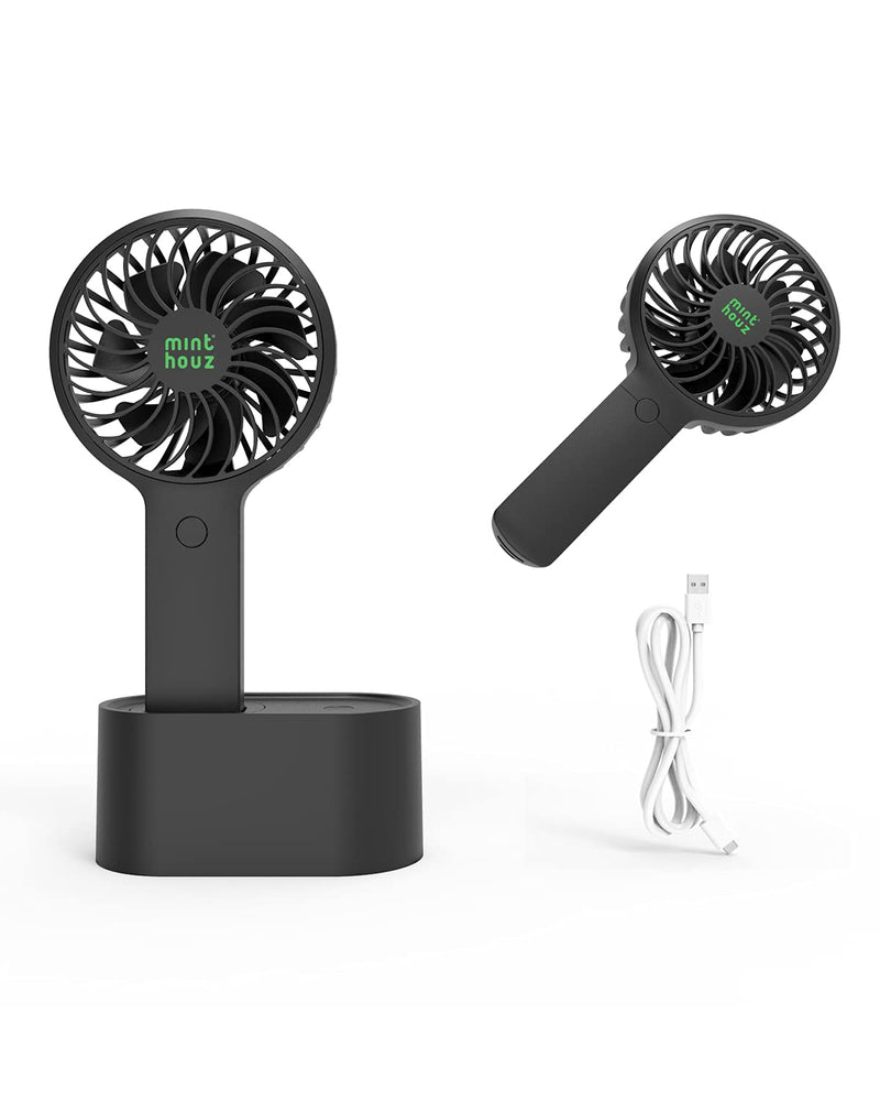 Minthouz Handheld Fan, 90° Automatic Head Shaking Personal Fan with Rotating Base, 3 Speed Adjustable Portable Fan Rechargeable Desk Fan with 2000mAh Built-in Battery, Mini Fan for Office/Home/Outdoor Black