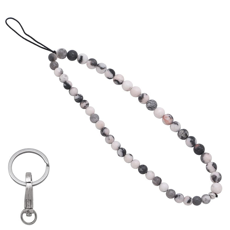 C&L Accessories Beaded Phone Charm Cell Phone Lanyard Wrist Strap Handmade Natural Gemstone Pink Zebra Jasper