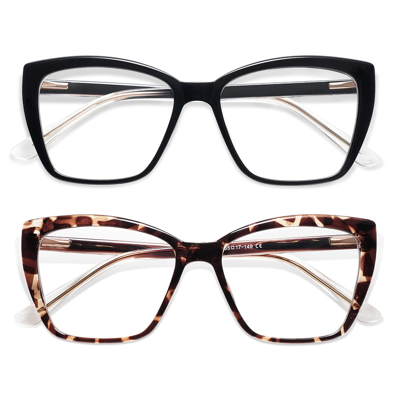 AMOMOMA Trendy TR90 Oversized Blue Light Reading Glasses Women,Stylish Square Cat Eye Glasses AM6031 C1.black+c6.tortoise 1.5 x