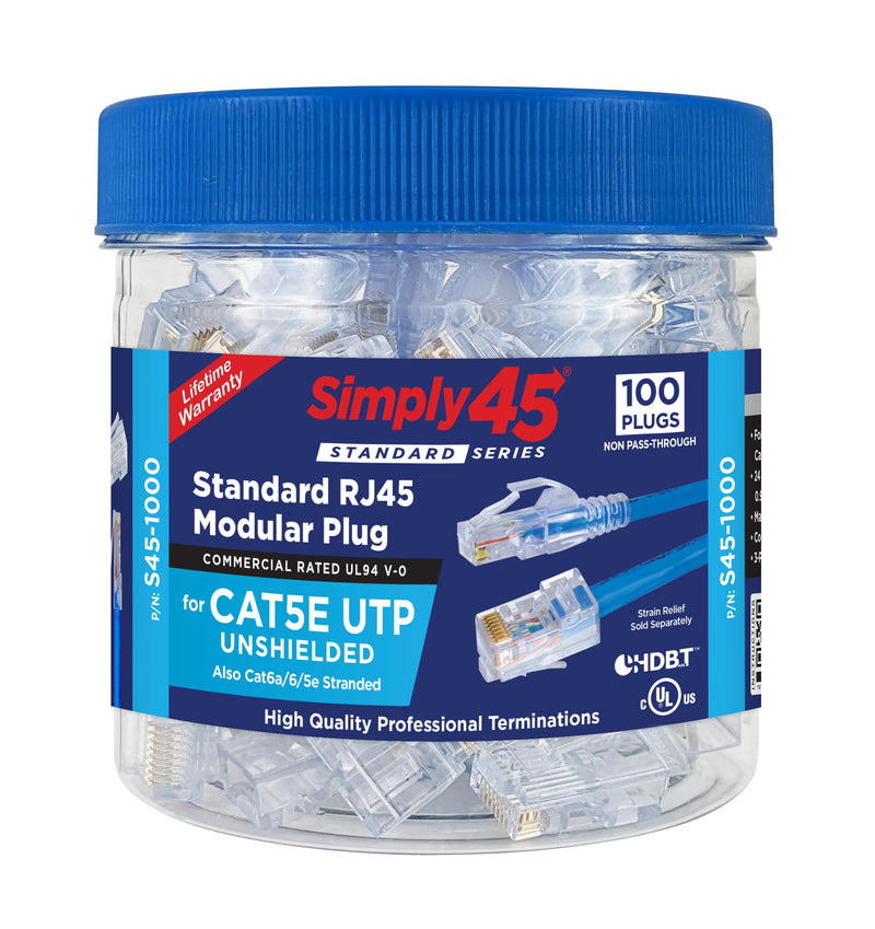 Simply45 Cat5e RJ45 Modular Plugs 8P8C, 100 Pack | 3-Prong 24ct Gold Plated Crimp Connector for 24AWG Solid & 28-26AWG Stranded UTP (Cat5e Ends / RJ45 Ends), S45-1000 Unshielded-Cat5e 100 Pieces