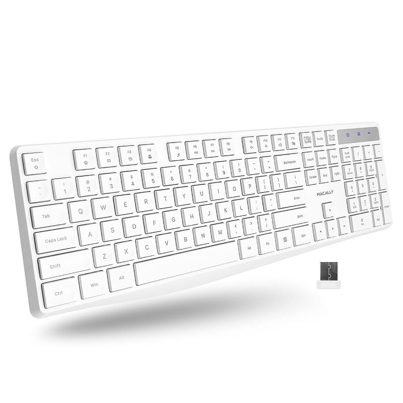 Macally 2.4G USB Wireless Keyboard for Laptop or Computer - Keep it Simple - Full Size Keyboard with Numeric Keypad & 13 Shortcut Keys - Plug and Play PC Keyboard Wireless - White Keyboard Cordless
