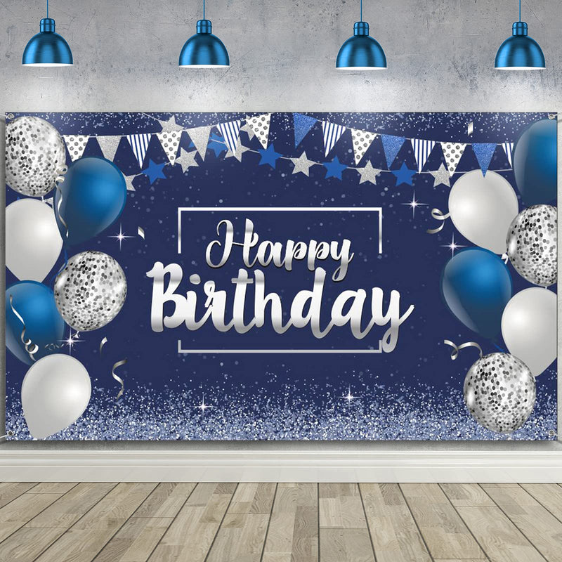 Happy Birthday Decorations Backdrop, Glitter Birthday Backdrop Sign, Happy Birthday Banner, Birthday Party Supplies Photo Background for Children Men Women, 72.8 x 43.3 Inch (Silver and Navy Blue) Silver and Navy Blue