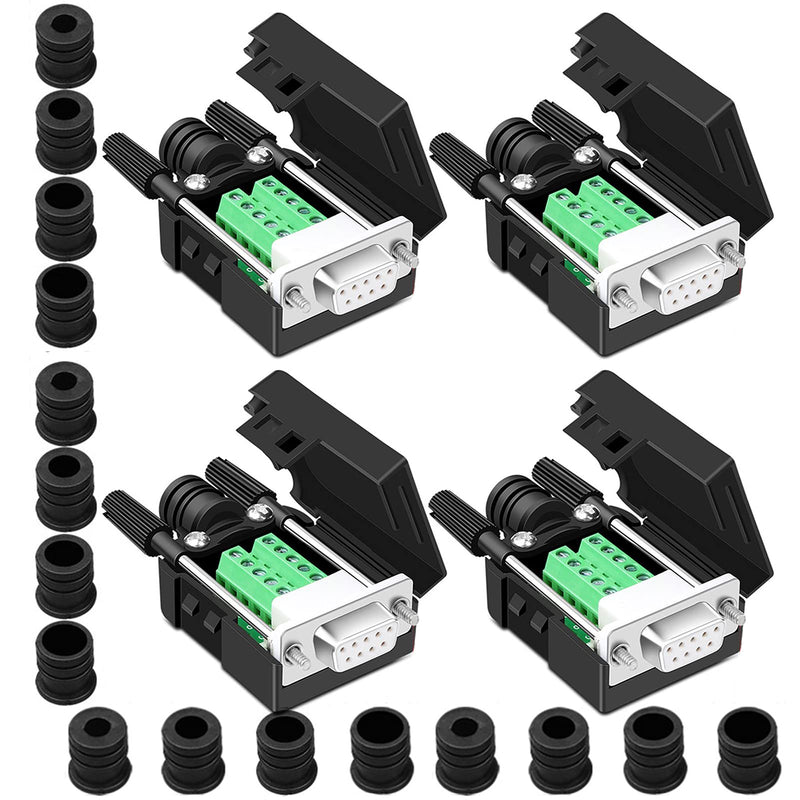ANMBEST 4PCS DB9 Female Breakout Connector,DB9 Solderless RS232 D-SUB Serial to 9-pin Port Terminal Adapter Connector Breakout Board with Case Long Bolts Tail Pipe 4PCS Female