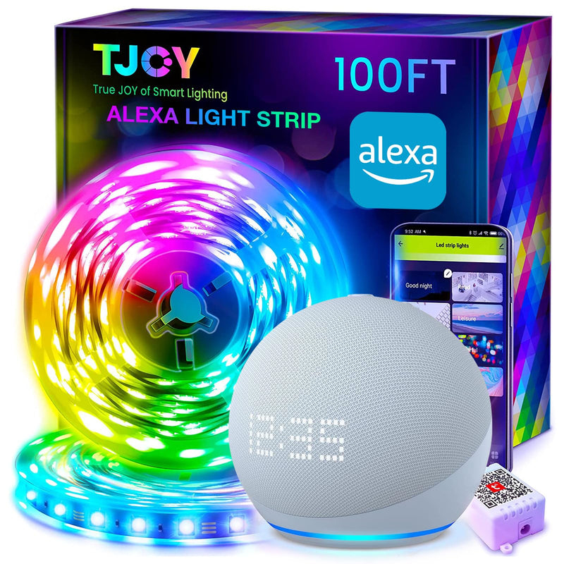 TJOY 100ft Smart Led Strip Lights for Bedroom, Work with Alexa,2835 RGB Color Changing Music Sync Led Lights Strip with App Remote,Multi-Color Wireless Led Lights for Bedroom (APP+Remote+Voice)