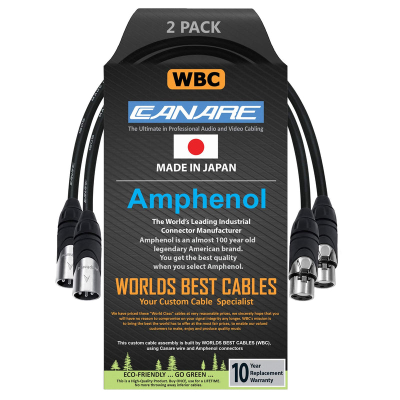 WORLDS BEST CABLES 2 Units - 6 Inch - Canare L-4E6S, Star Quad Balanced Male to Female Microphone Cables with Amphenol AX3M & AX3F Silver XLR Connectors - Custom Made