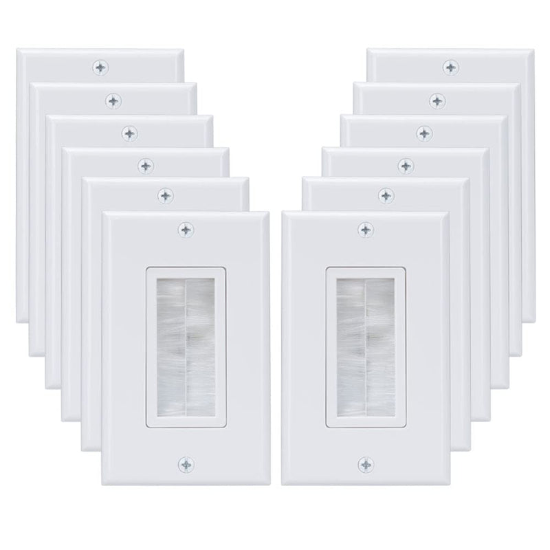 1 Gang Brush Wall Plate Decora Style White Brush Wall for Passing Through Speaker Wires/Coaxial/HDMI/Network/Phone/Audio/Video Cables, Pack of 12, White, 24 Screws Included