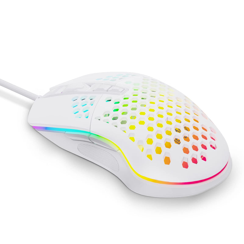 DIERYA Falcon Honeycomb Gaming Mouse, 16000 DPI Optical Sensor, 70g Ultra-Lightweight RGB Backlit Ergonomic Wired Mouse with 7 Buttons Programmable Driver for Windows PC Gamer Designer (White) white