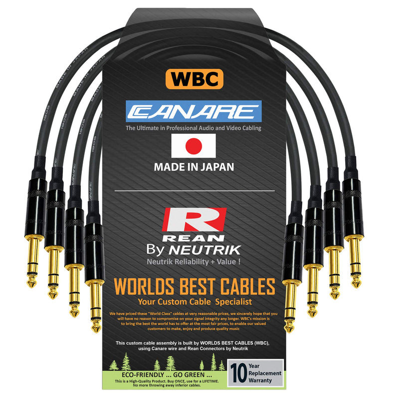 WORLDS BEST CABLES 4 Units - 1 Foot - Canare L-4E6S Star Quad, Patch Cable terminated with Neutrik-Rean NYS ¼ Inch (6.35mm) Gold TRS Stereo Phone Plugs - Custom Made