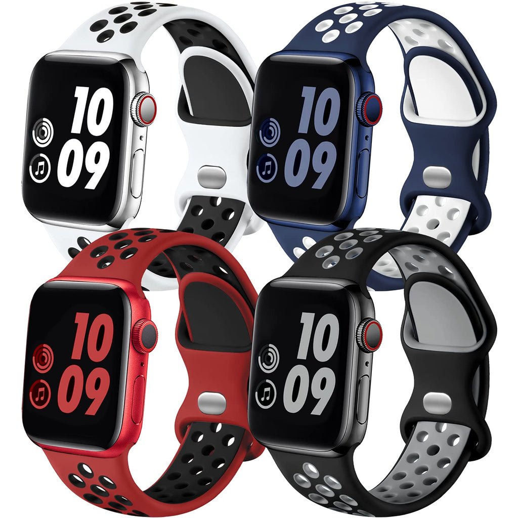 Adorve 4 Pack for Apple Watch Band 49mm 45mm 44mm 42mm iWatch Ultra 2 SE Series 9 8 7 6 5 4 3 2 1 for Women Men, Breathable Sport Silicone Replacement Strap, Blue White/White Black/BlackGray/RedBlack BlueWhite/WhiteBlack/BlackGray/RedBlack