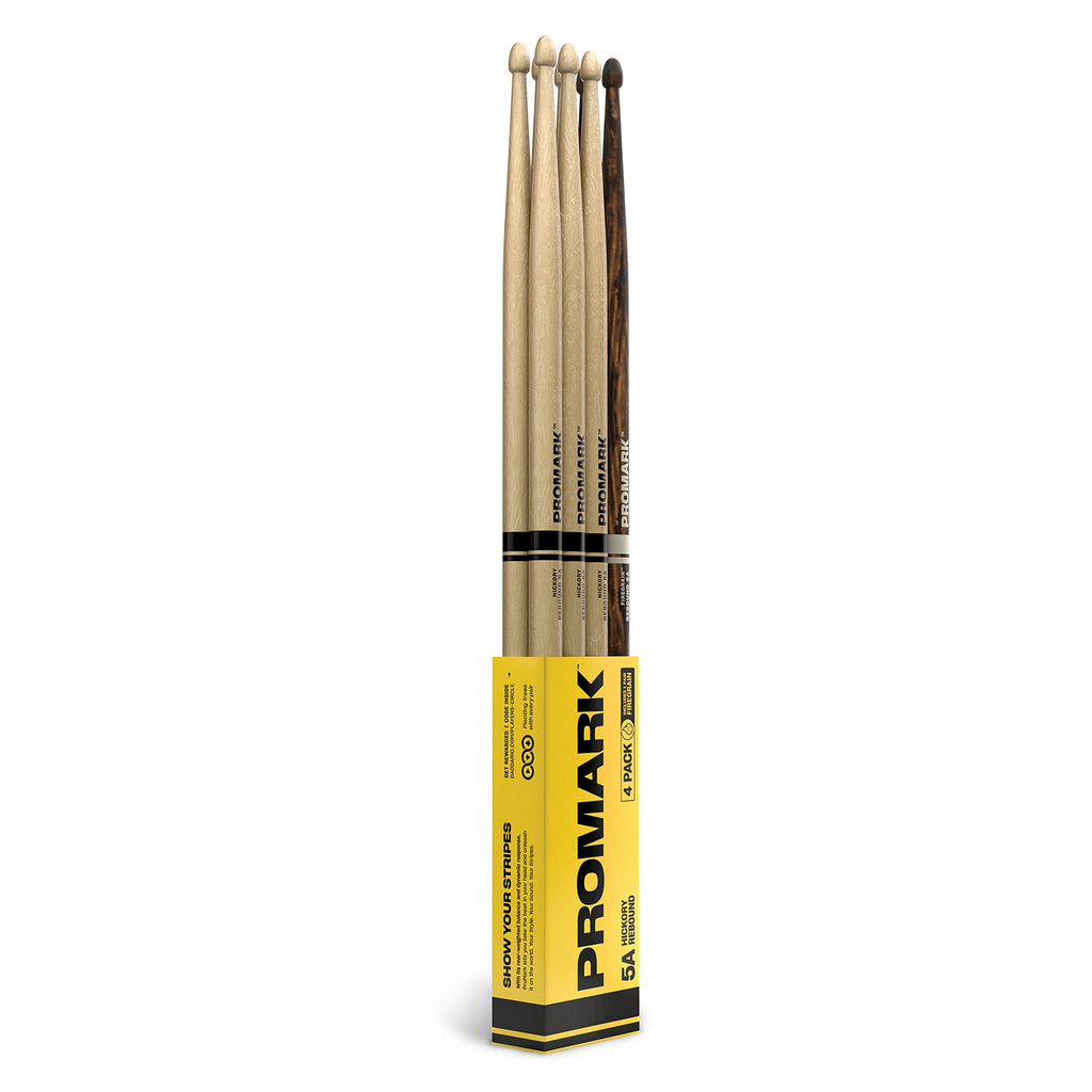 Promark Drum Sticks - 5A Drumsticks - Rebound - Made from Hickory Wood - Drum Accessories - Acorn Tip Drum Sticks -3 Pairs of Rebound 5A + 1 Pair of FireGrain 5A Bonus Pack Lacquer, Wood Tip