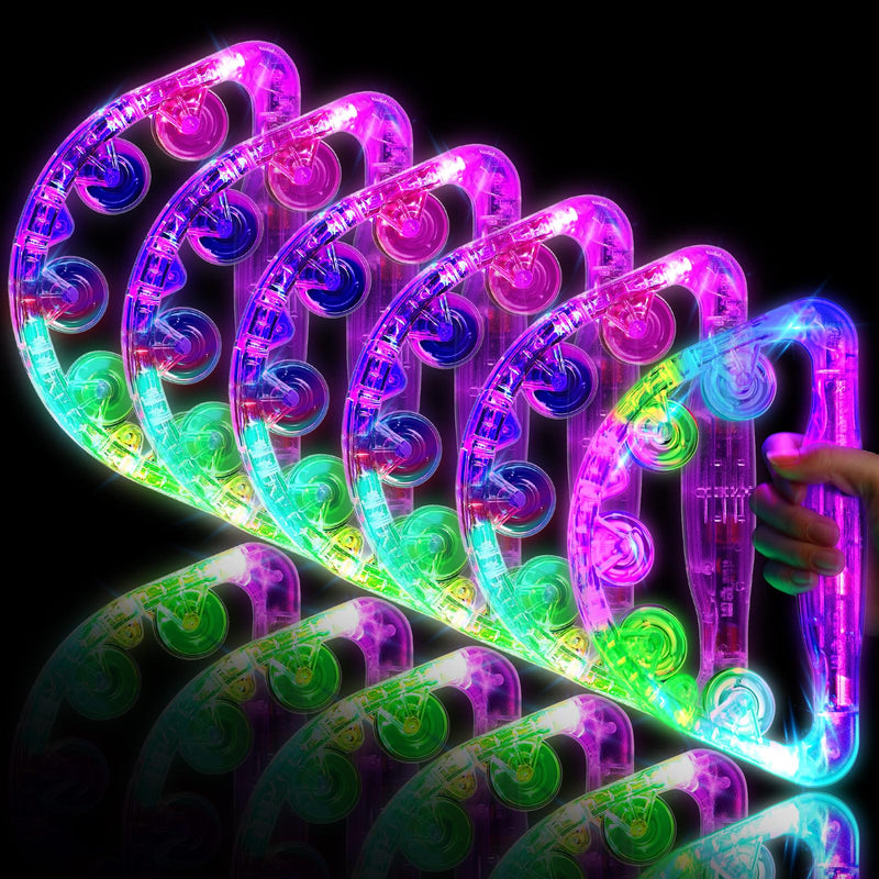 Sumind 6 Pieces Large LED Light up Tambourine 8.6 x 5.3 Inch Handheld Musical Flashing Tambourine Glow in The Dark Party Supplies for Adults Halloween Wedding Favors