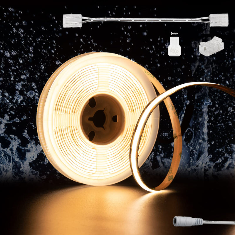 [AUSTRALIA] - PAUTIX COB LED Strip Light 12V Warm White 3000K Waterproof IP65 18Ft CRI90+ Flexible LED Tape Lights for Cabinet Engineering Home DIY Lighting Project with 8mm Connector(Power Supply Not Included) 3000k/IP65 Waterproof 