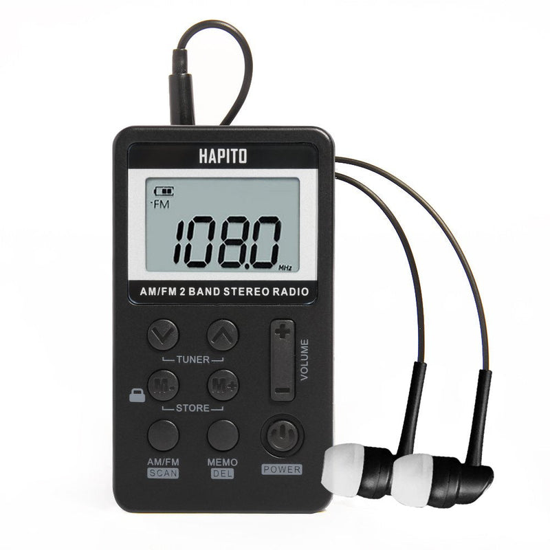 Pocket AM FM Radio Portable Digital Tuning Radio with Best Reception - Hapito Personal Small Transistor radios with Sterio Earphone, Rechargeable Battery and Lock Screen for Walk/Gym (Black) Black
