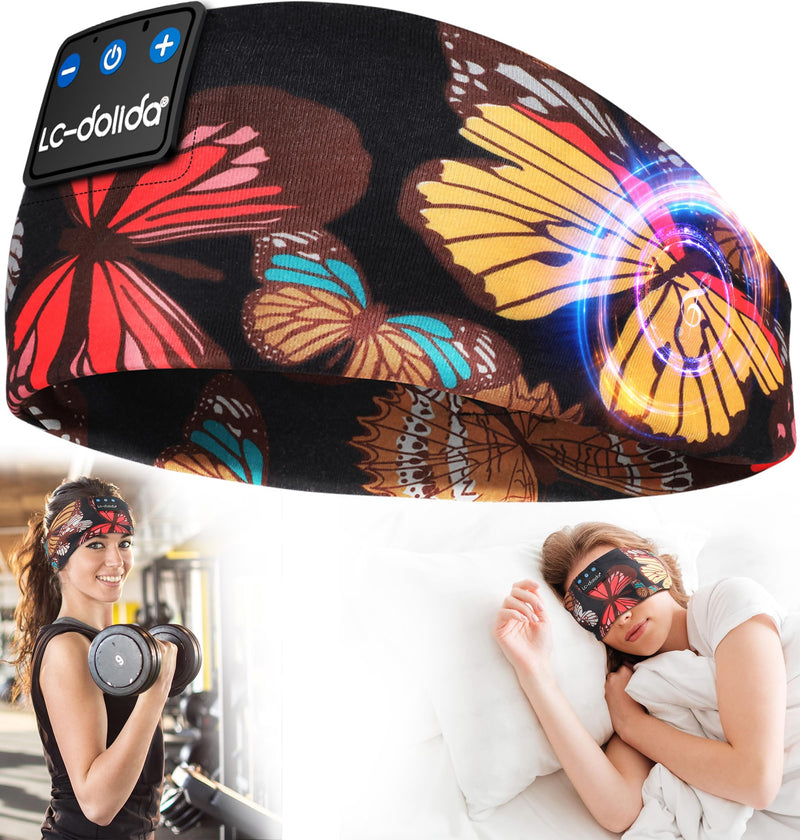 [AUSTRALIA] - LC-dolida Sleep Headphones Headband Bluetooth 5.4, Headband Earphones Wireless with USB C Charge Port, Sleep Mask for Sleeping, Sports, Gifts, Workout, Jogging, Yoga, Insomnia, Air Travel, Meditation Artistic Butterfly 