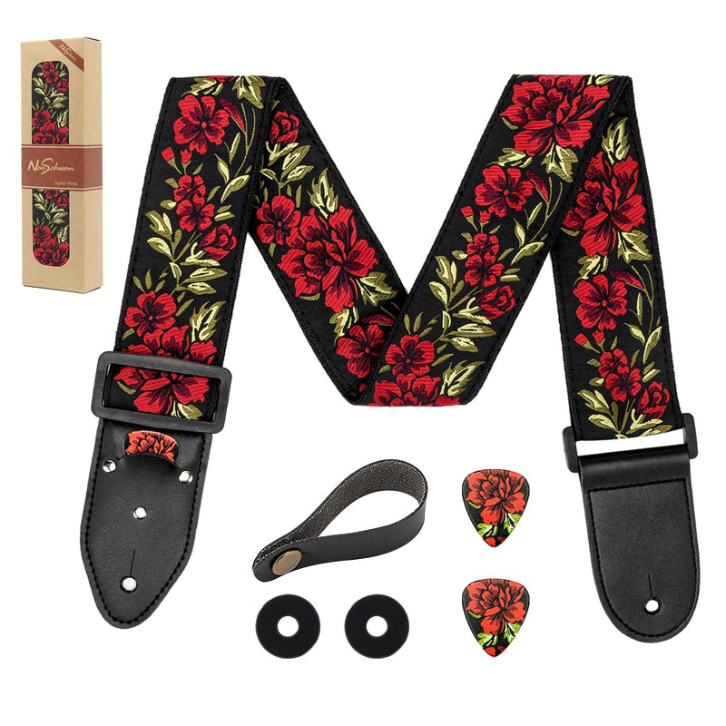 Adjustable Guitar Strap for Electric/Acoustic Guitar/Bass, Includes 2 Picks + Strap Locks + Strap Button, Cotton Jacquard Embroidered Genuine leather Ends Guitar Straps with 1 Pick Holder, Rose Rose&strap Button