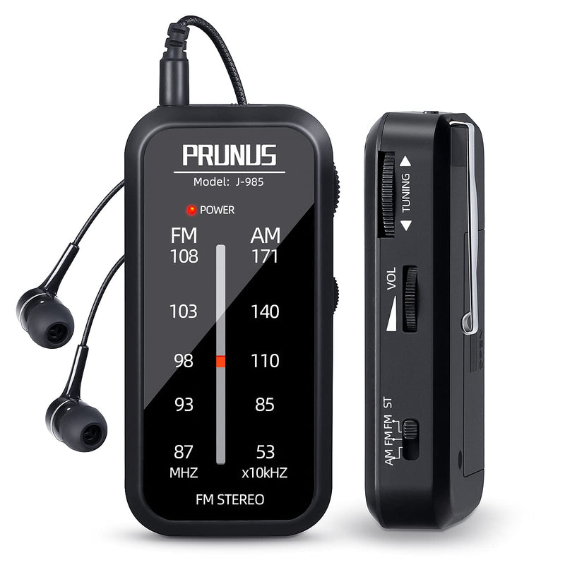 Pocket Radio Mini AM FM Stereo Radio Portable Battery Operated Radio, Includes Headphones, with Back Clip and Signal Indicator, Operated by AAA Batteries for Hurricane,Walking,Running,J-985 by PRUNUS Black