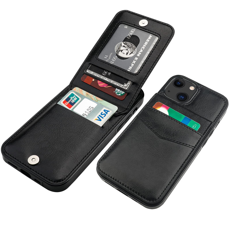 KIHUWEY Compatible with iPhone 13 Case Wallet with Credit Card Holder, Premium Leather Magnetic Clasp Kickstand Heavy Duty Protective Cover for iPhone 13 6.1 inch(Black) Black
