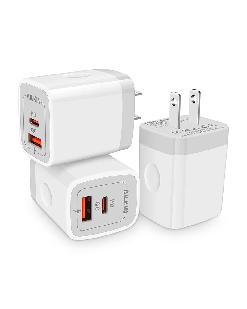 3Pack Dual Port USB-C Wall Plug-in USB Charger, AILKIN 20W Power Delivery + QC3.0 USB A Double Port Fast Charging Block for iPhone 15 14 13 12 Pro Max 14 Pro 12 Mini 11 Pro Max 14 Plus 11 SE X XS Cube White