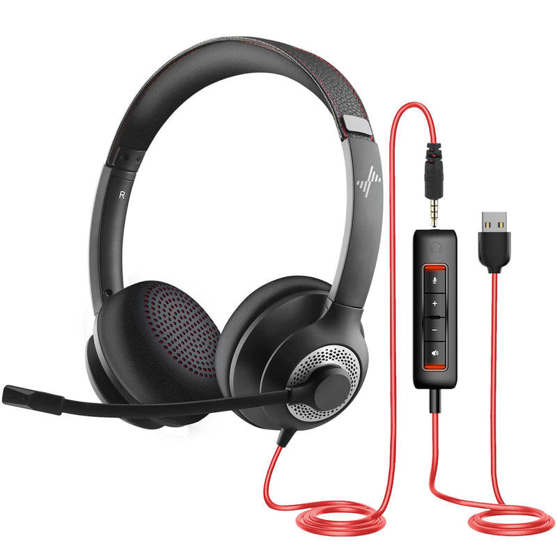 [AUSTRALIA] - JIAMQISHI USB Headset with Microphone for PC, On-Ear Computer Laptop Headphones with Noise Cancelling Microphone in-line Control for Home Office Online Class Skype Zoom (USB+3.5mm, Black) USB+3.5mm 