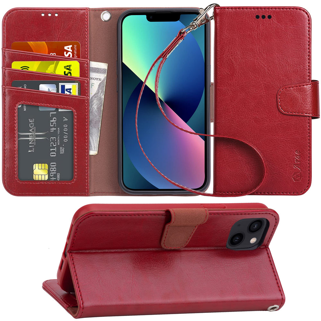 Arae Compatible with iPhone 13 Case[Not for iPhone 13 Pro.] with Card Holder and Wrist Strap Wallet Flip Cover for iPhone 13 6.1 inch-Wine Red iPhone 13(6.1") Wine Red
