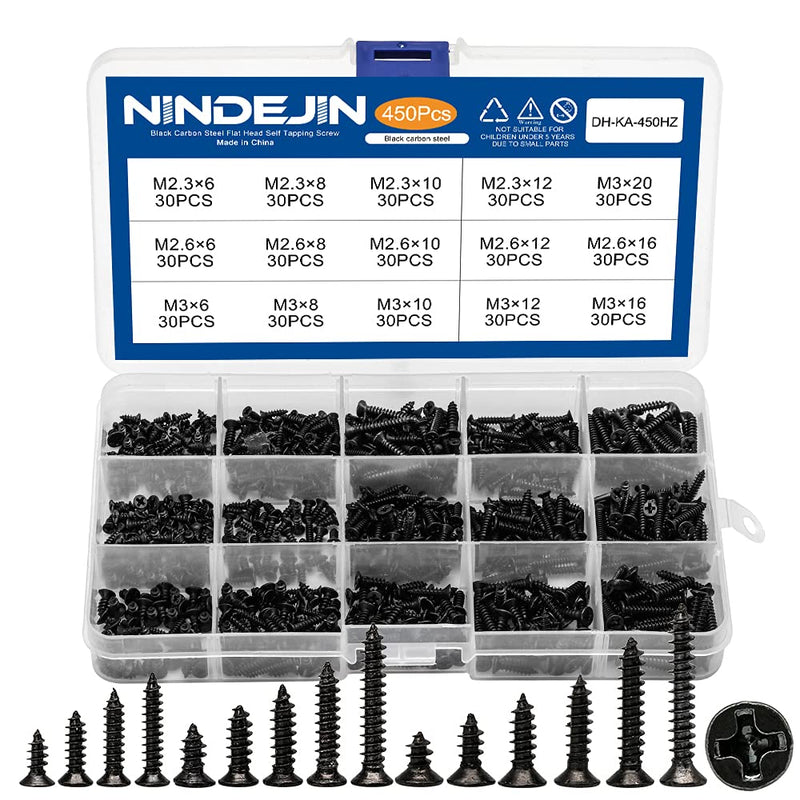 NINDEJIN 450PCS Miniature Phillips Flat Head Tapping Screws, M2.3 M2.6 M3 Countersunk Repair Screws Assortment Set, Black Self-Tapping Electronic Screw for Computer PC Pan Motherboard Glasses Watches | Carbon Steel, for Computer PC Pan Motherboard Glas...