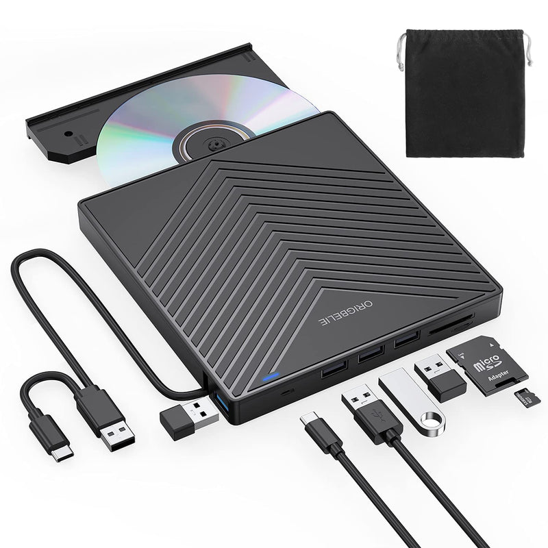 ORIGBELIE External CD DVD Drive, USB 3.0 & 4 USB Ports & 2 TF/SD Card Slots | Ultra Slim CD DVD ROM Player Burner Reader Writer Rewriter Optical Disk Drive for Laptop PC Mac OS Windows 11/10/8/7 Linux 5.6" x 6" x 0.7"
