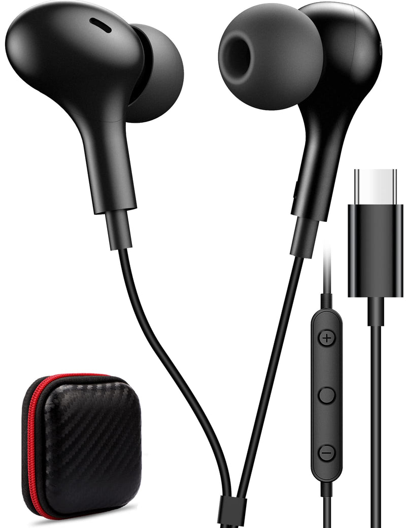 USB C Headphone for Samsung S23 FE S22 S21 S20 A53 A54 Wired Earbuds Magnetic in-Ear Type C Earphone with Microphone Volume Control Bass Stereo Noise Canceling Black