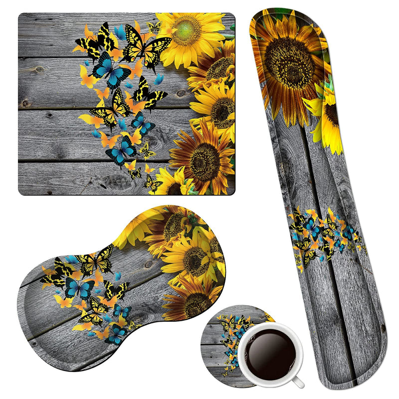 Ergonomic Keyboard Wrist Rest Pad+ Butterfly Wrist Support Cushion+ Square Mouse Pad+ Cup Coaster, Gel Memory Foam Sunflower Butterfly Desgin, 4Pcs Desktop Supply Set Combo for Home & Office