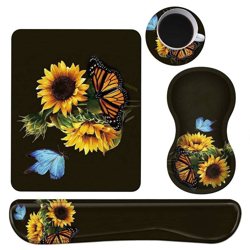 Keyboard Wrist Rest + Mouse Pad + Mouse Wrist Rest Support Set + Coaster, Ergonomic Memory Foam Mouse and Keyboard Pad Set for Laptop Computer Office Home Working Gaming, Sunflower Butterfly