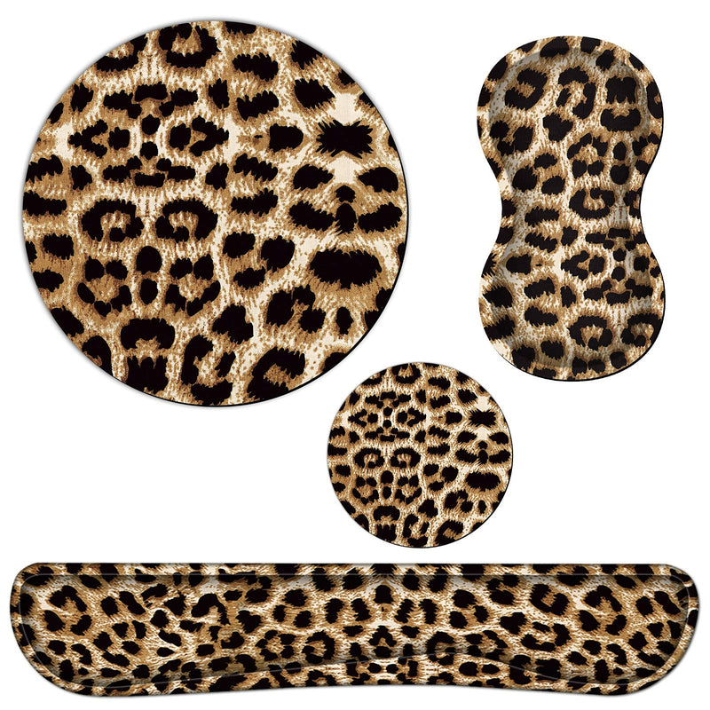 Keyboard Wrist Rest Pad + Mouse Wrist Rest + Gaming Mouse Pad + Coasters Ergonomic Memory Foam Wrist Pad Set with Easy Typing & Pain Relief for Computer, Laptop, Office & Home - Leopard Grain