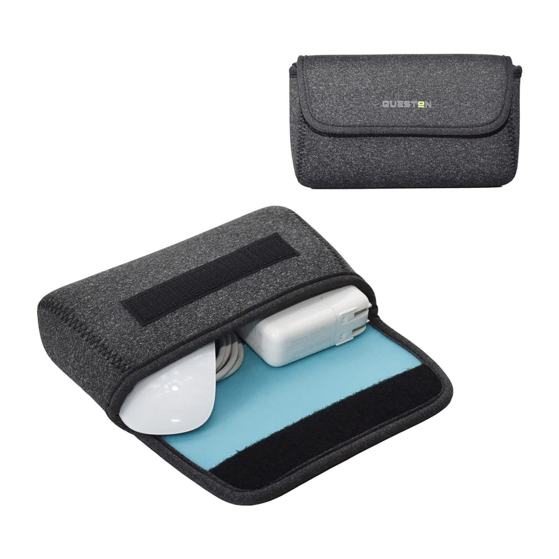 QUESTON Storage Pouch Bag Cases for Accessories MacBook Laptop Power Adapter, Wireless Mouse, iPhone Chargers, Cellphone, Power Bank, Cord, Travel Cable Electronic Organizer (Deep Gray) Medium Deep gray/blue
