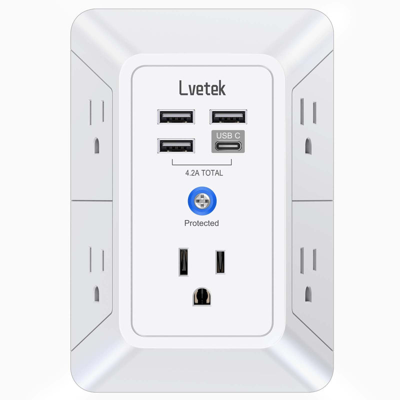 5-Outlet Surge Protector Wall Charger with 4 USB Ports - 1680J Multi Plug for Home, Office, Travel White