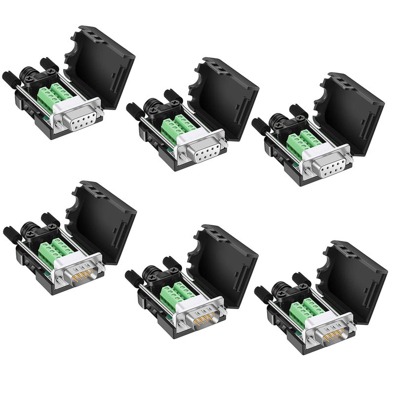 Dbilida DB9 Solderless Connector (3Male+3Female), DB9 Breakout Connector RS232 D-SUB Serial to 9pin Port Terminal with Case 3Male+3Female