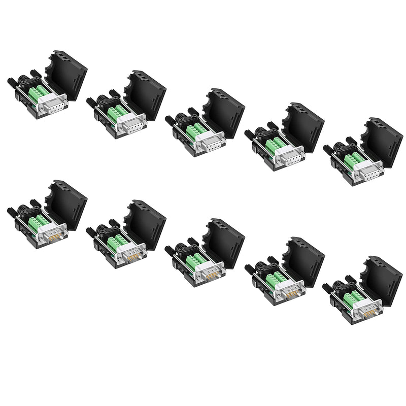 Dbilida DB9 Solderless Connector (5Male+5Female), DB9 Breakout Connector RS232 D-SUB Serial to 9pin Port Terminal with Case 5Male+5Female