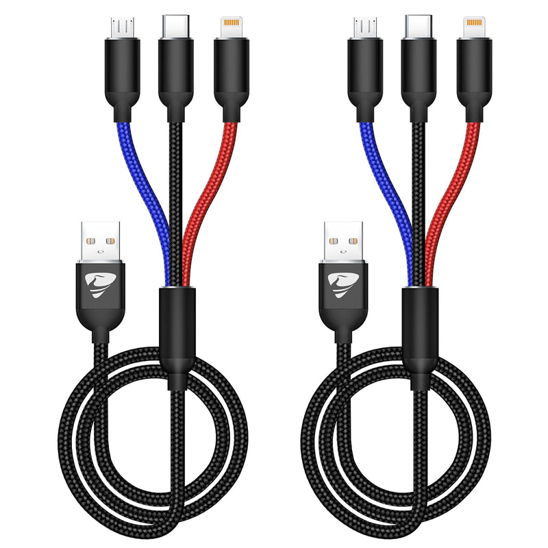 Multi Charging Cable, Multi Charger Cable Nylon Braided 3 in 1 Charging Cable Multi USB Cable Fast Charging Cord with Type-C, Micro USB and IP Port, Compatible with Most Phones & iPads (2 Pack) 2 Pack