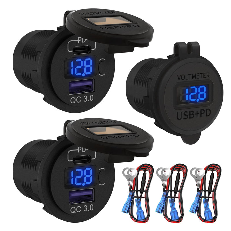 DaierTek 12V USB C Car Charger Socket 3-Pack - 48W PD & QC 3.0 Fast Charging Dual USB Outlet with Voltmeter & ON/Off Switch, Waterproof 12V Charging Port for Car, Marine, Boat, Golf Cart